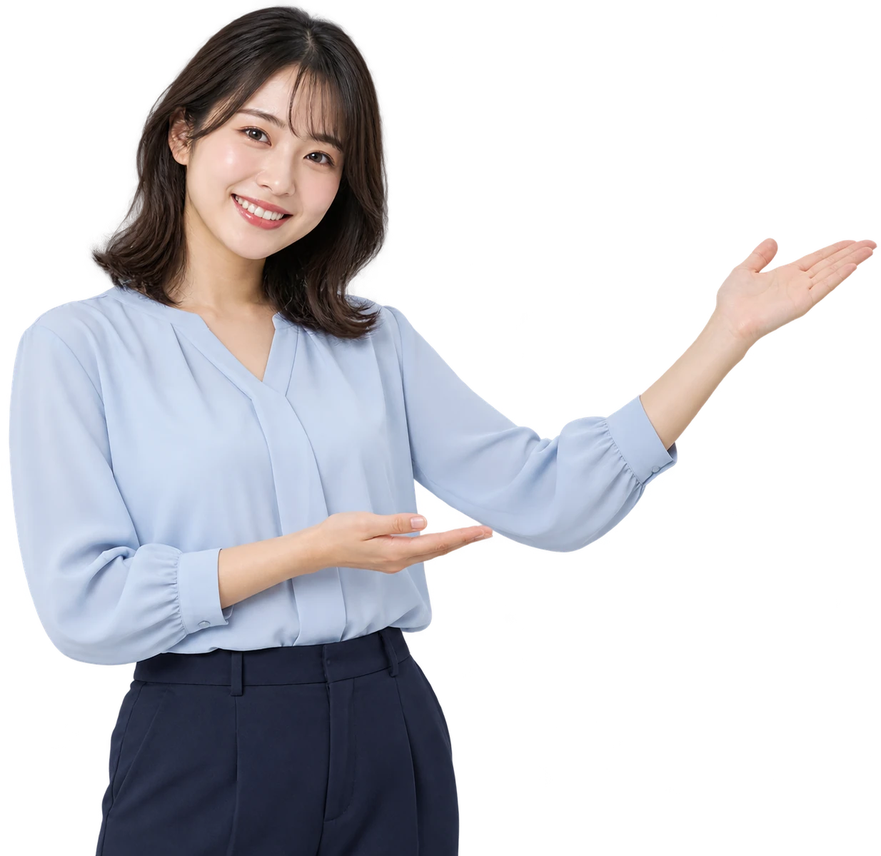 青い枠の右下から仲間へ手を向ける架空の成人女性