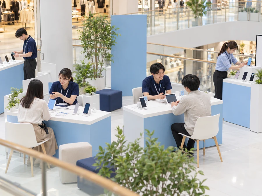 お客様とスタッフが対話する、明るい携帯販売イベント会場の生成イメージ