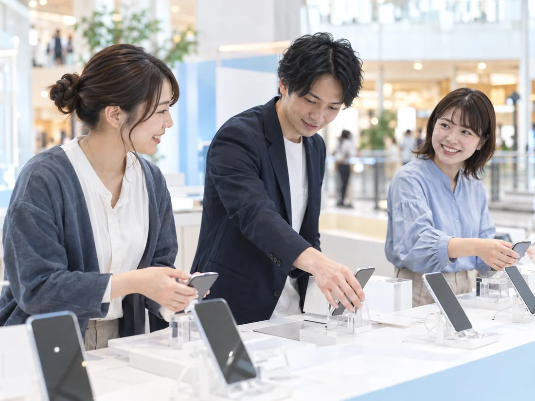 イベントの展示台を一緒に準備する三人の架空の成人スタッフ